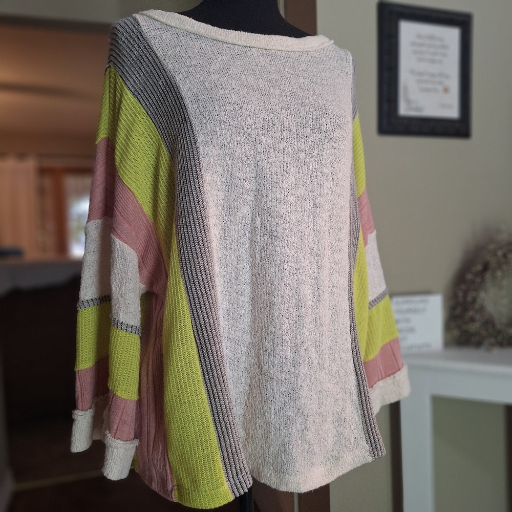 By Together Boho Cream Striped Crew Boat Neck Sweater M